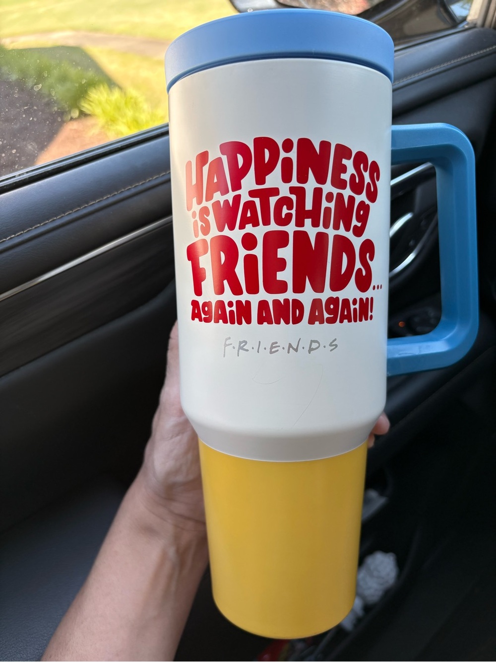 FRIENDS Yellow, Blue & White Travel Mug with Red Script